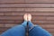 Top View Shoes and Lack of Jeans. Selfie Woman Wearing Shoes on Wooden Floor Background