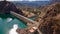 Top-view shot of Atuel river surrounded by high rocks and mountains, San Rafael, Mendoza, Argentina