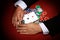 Top view shot of a poker player taking a big pile of poker chips and playing cards