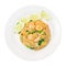 Top view, Shrimp fried rice with cucumber,Chinese kale in white plate,Thai food, Isolated