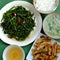 Top view simple vegan meal for daily family menu, fried tofu cook with sauce, water spinach, vegetables soup, rice