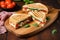 top view of sliced mozzarella tomato panini on wooden board