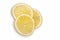 Top view of Sliced â€‹â€‹lemon. Juicy cut fruits on white surface. Flat lay with cut lemoned. fruit of isolated on white