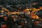 Top view. A small authentic city called Goreme in Cappadocia in Turkey in the evening.