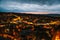 Top view. A small authentic city called Goreme in Cappadocia in Turkey in the evening. Dramatic night sky, sunset.