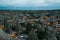 Top view. A small authentic city called Goreme in Cappadocia in Turkey in the evening. Dramatic night sky, sunset.