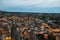 Top view. A small authentic city called Goreme in Cappadocia in Turkey in the evening. Dramatic night sky, sunset.