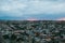 Top view. A small authentic city called Goreme in Cappadocia in Turkey in the evening. Dramatic night sky, sunset.