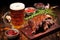 top view of smoked ribs and poured amber ale in glass