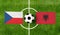 Top view soccer ball with Czech Republic vs. Albania flags match on green football field