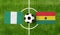 Top view soccer ball with Nigeria vs. Ghana flags match on green football field