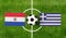 Top view soccer ball with Paraguay vs. Greece flags match on green football field