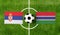 Top view soccer ball with Serbia vs. Gambia flags match on green football field