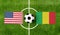 Top view soccer ball with USA vs. Mali flags match on green football field