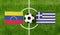 Top view soccer ball with Venezuela vs. Greece flags match on green football field
