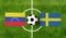 Top view soccer ball with Venezuela vs. Sweden flags match on green football field
