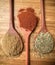 Top view of some spices on wood spoons