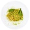 Top view spaghetti mixed with pesto