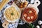 Top view, Spaghetti Pasta noodle with Bolognese tomatoes sauce, and fresh ingredients