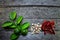 Top view of spices Chili peppers garlic lemon green leaf and mortars on vintage wood table style background