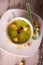 Top view on split pea soup with croutons