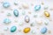 Top view spring holidays Easter Full background made of colorful, pastel, handmade painted Easter eggs on a white