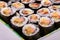 Top view of stack of Japanese sushi maki roll plate.