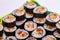 Top view of stack of Japanese sushi maki roll plate.