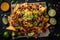 top-view of stack of warm and gooey nachos with choice of fresh or spicy toppings