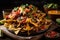 top-view of stack of warm and gooey nachos with choice of fresh or spicy toppings