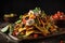 top-view of stack of warm and gooey nachos with choice of fresh or spicy toppings