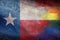 Top view of state lgbt retro flag of Texas, USA with grunge texture. no flagpole. Plane design, layout. Flag background. Freedom