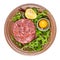 Top view of Steak tartare on brown plate isolated