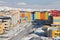 Top view of the street and colorful buildings of the northern city of Anadyr