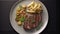 Top view of a succulent grilled beef steak with grilled potatoes, fresh rosemary, and a lemon wedge on a white plate. Generative A