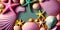 Top view summer background with colorful starfish and shells with negative space in center,