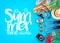 Top View Summer Time Realistic Vector Banner in Blue Background and Tropical Elements Like Scuba Diving Equipment