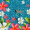 Top view, summertime, holidays background, young woman swimming, relax in swim pool water, frangipani flowers, vector.