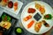 Top View of sushi set on Grunge background