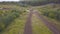 Top view of SUVs driving on country road. Clip. Off-road race on rural forested area on dirty ground