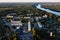 Top view of the Svir river and urban village in forests of Karelia