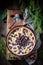 Top view of sweet blackberry pie made of fresh fruits