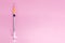 Top view syringe on pink background for coronavirus prevention. Covid-19 kit. Copy Space. Medical concept