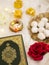 top view table arrangement with quran roses pastries. High quality photo