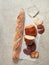 top view of table with bread, pastries