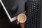 Top view table with mouse, keyboard and coffee. Workplace office homeworker