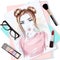 Top view of the table with papers, woman`s portrait, brush, lipstick, eyeglasses and eyeshadows. Stylish graphic set.