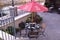 Top view of table prepared with umbrella in Italian Restaurant next to canal at Lake Buena Vista.
