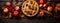 Top view table scene on dark wood background. Assorted homemade fall pies, Pumpkin, apple and pecan