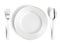 Top view of table setting on white background. Plate, fork and spoon